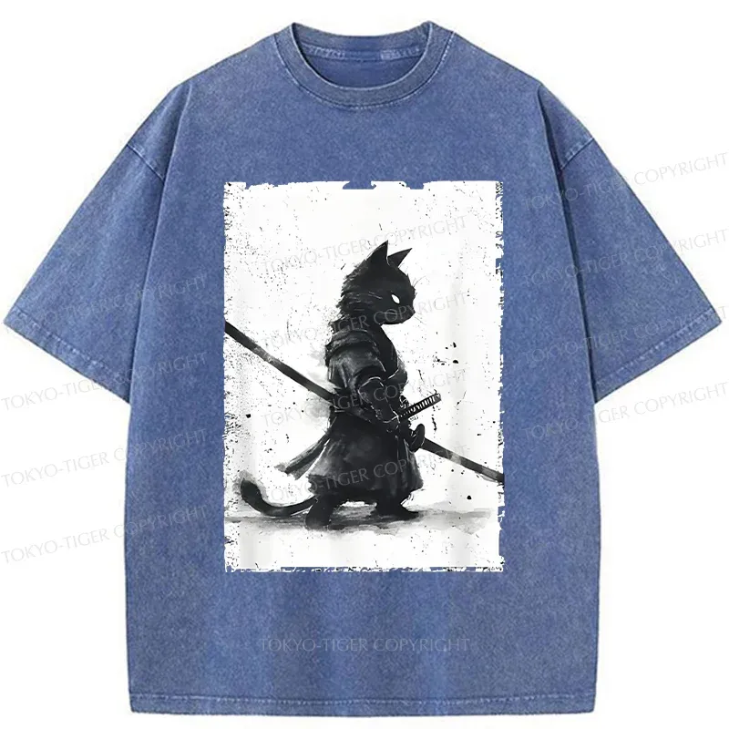Tokyo-Tiger Retro Cat Samurai Washed T-Shirt
