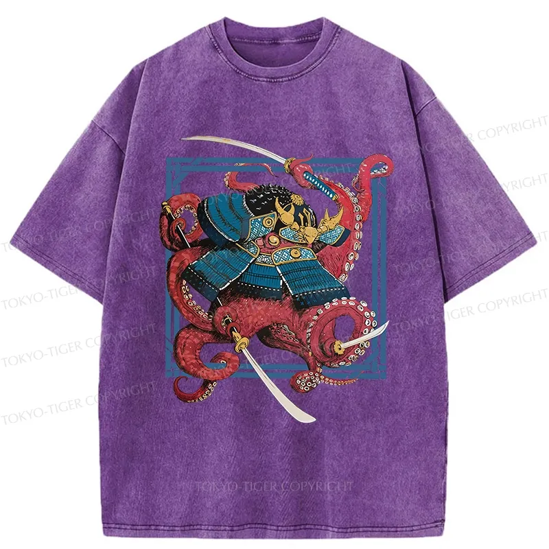 Tokyo-Tiger Samurai Octopus Swinging Sword Washed T-Shirt