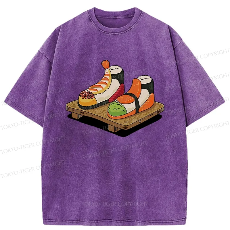 Tokyo-Tiger Funny Sushi Shoes Washed T-Shirt