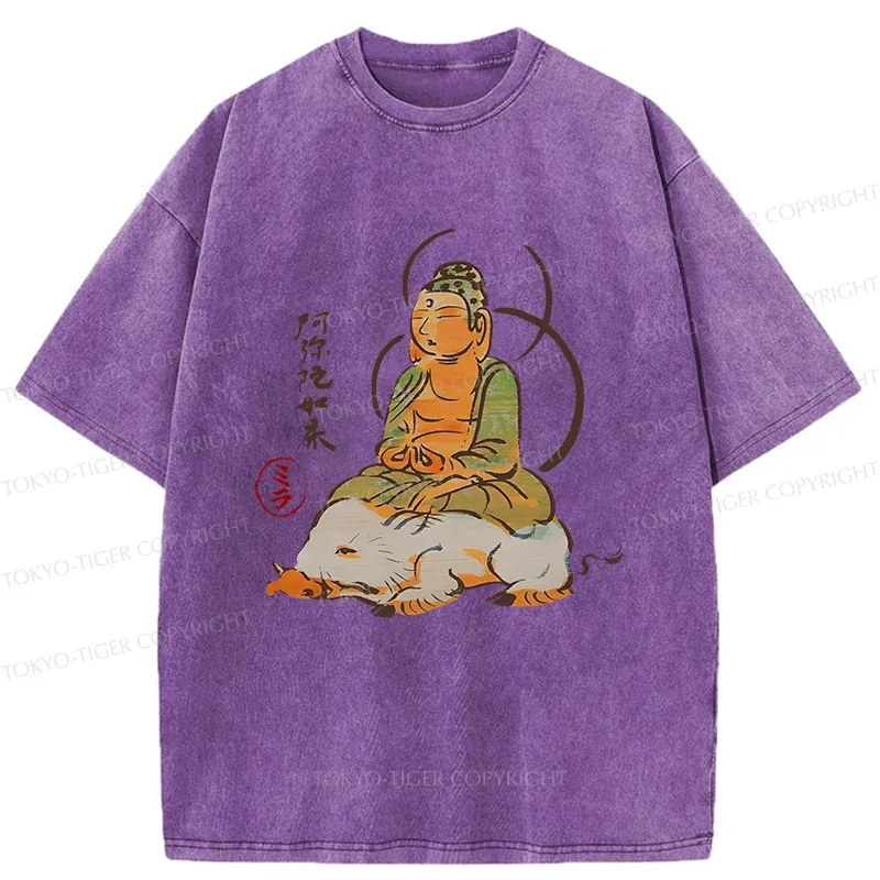 Tokyo-Tiger Buddha Riding A Pig Washed T-Shirt
