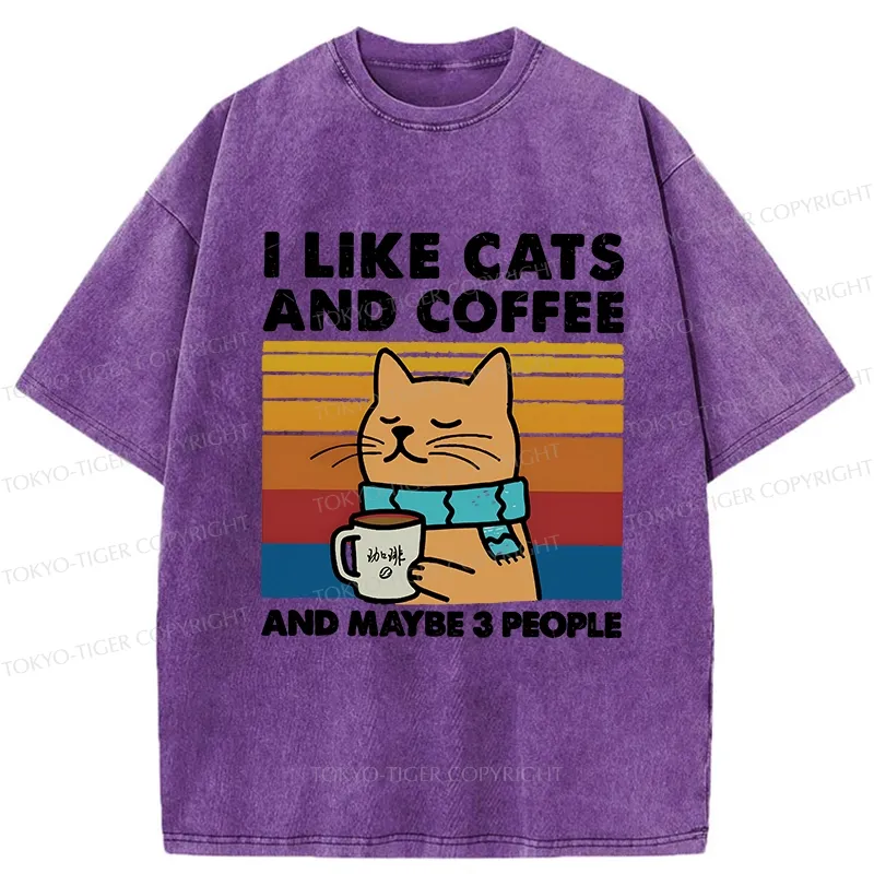 Tokyo-Tiger I Like Cats And Coffee Washed T-Shirt