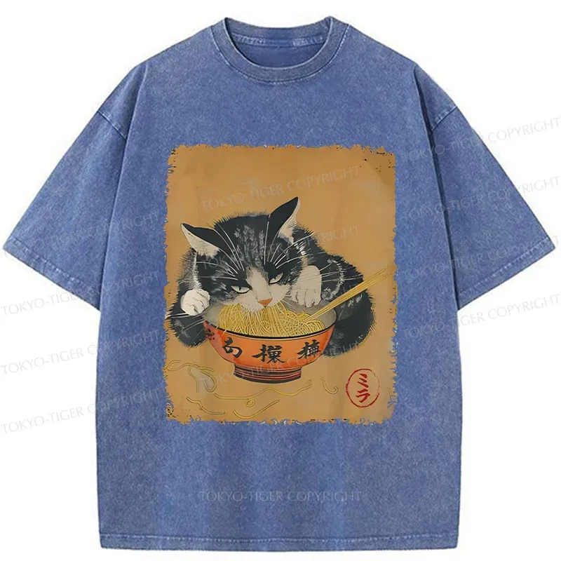 Tokyo-Tiger Vintage Black Cat Eat Ramen Washed T-Shirt