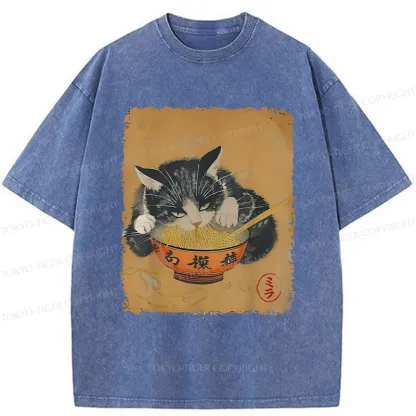 Tokyo-Tiger Vintage Black Cat Eat Ramen Washed T-Shirt