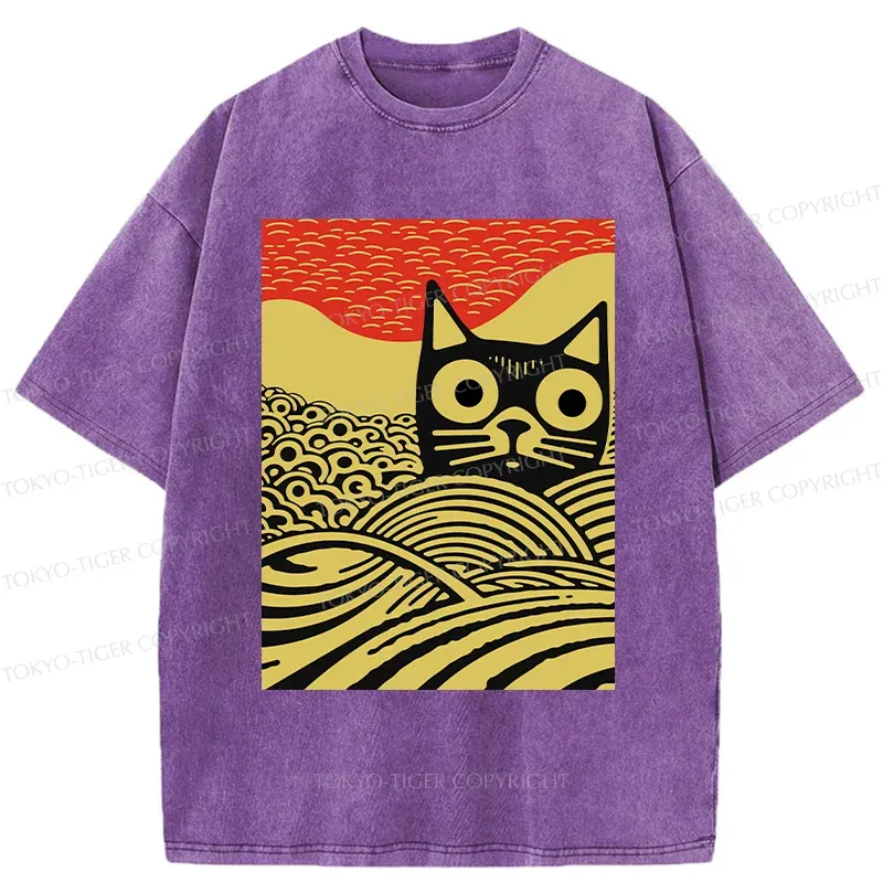 Tokyo-Tiger Woodcut Cat and Wave Washed T-Shirt