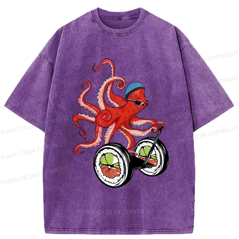 Tokyo-Tiger Octopus Riding A Sushi Cart Washed T-Shirt
