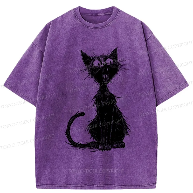 Tokyo-Tiger Surprised Black Cat Washed T-Shirt