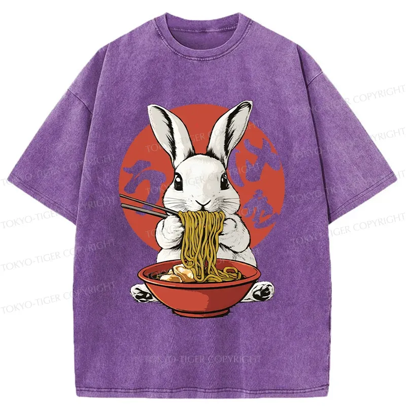 Tokyo-Tiger Rabbit Eating Ramen Washed T-Shirt