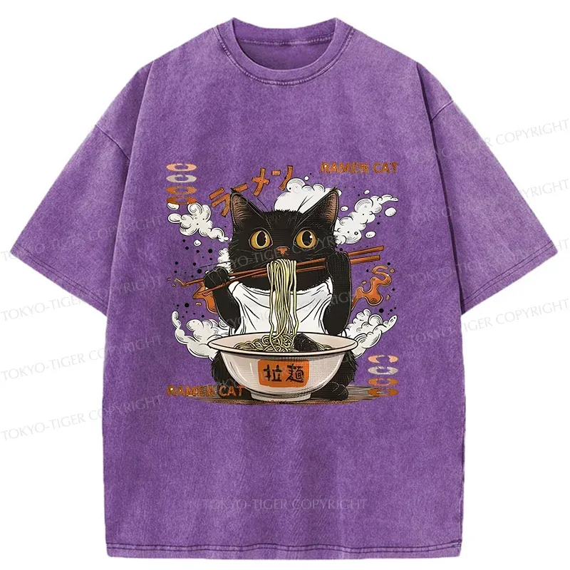 Tokyo-Tiger Cat Chef Eating Ramen Washed T-Shirt