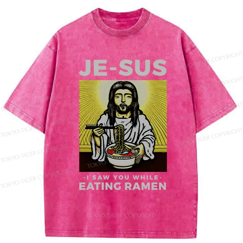 Tokyo-Tiger Jesus Eating Ramen Washed T-Shirt