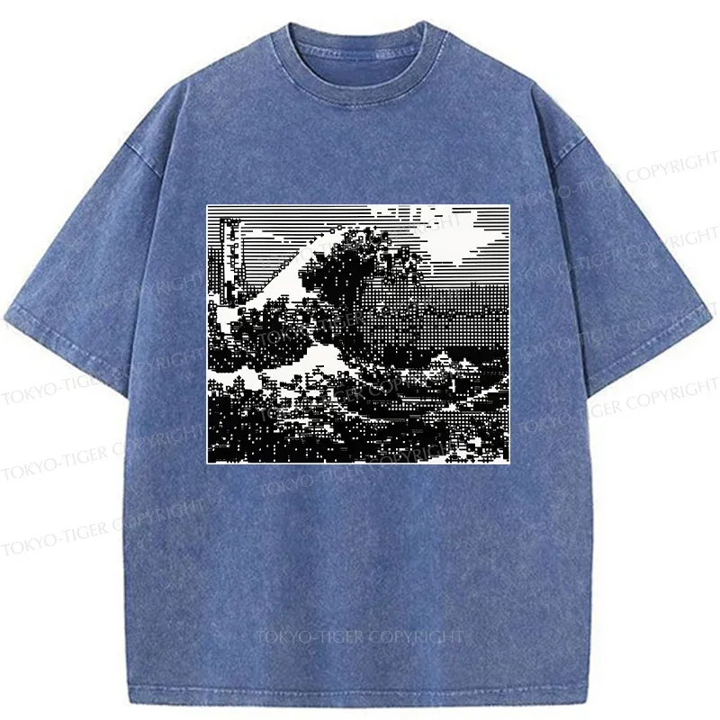 Tokyo-Tiger Black And White Ukiyoe Wave Washed T-Shirt