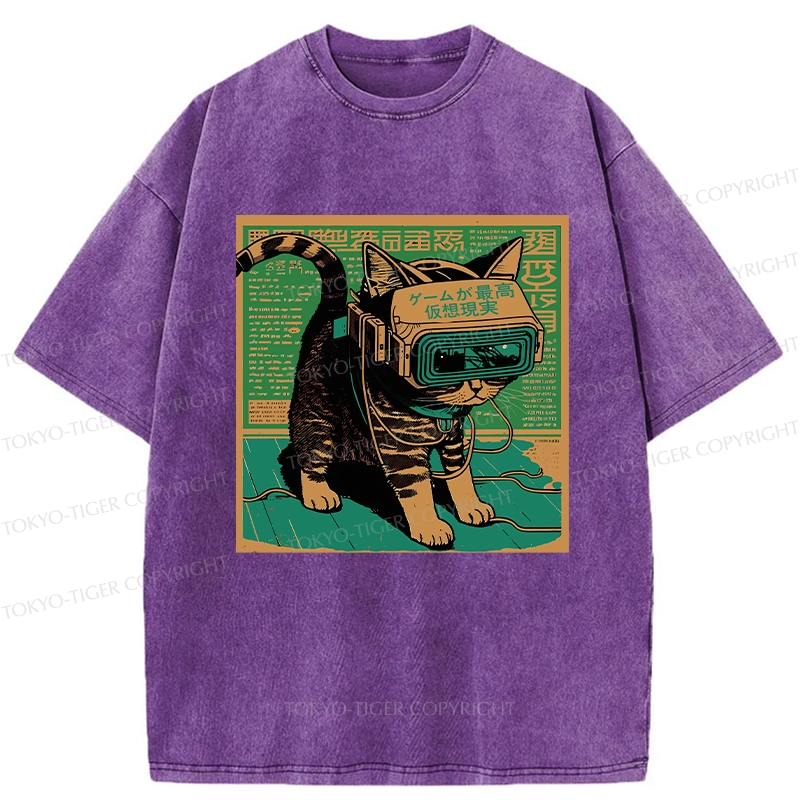 Tokyo-Tiger Cyberpunk Sci-Fi Cat Washed T-Shirt