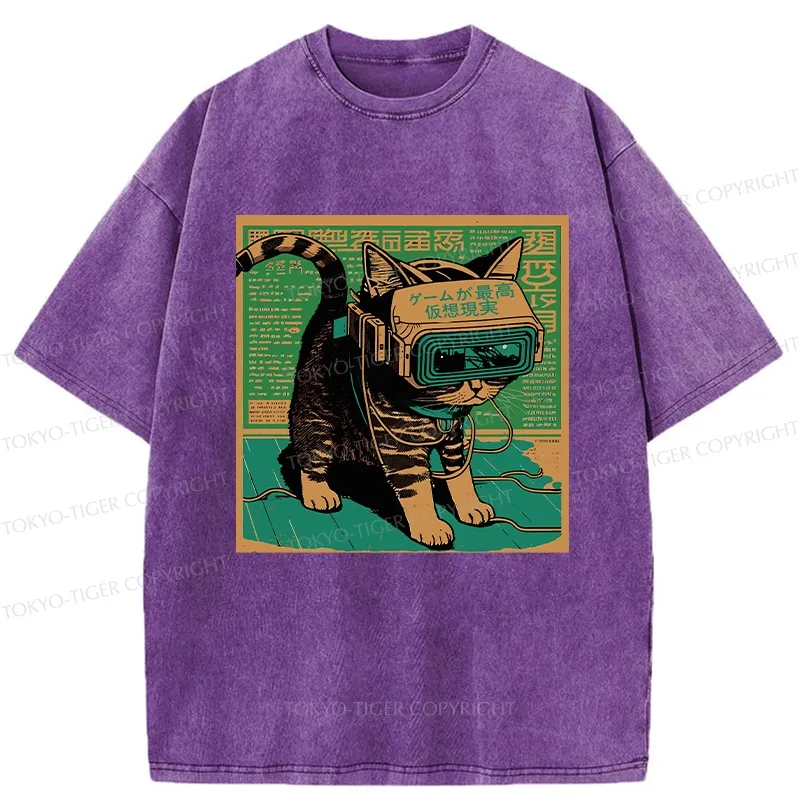 Tokyo-Tiger Cyberpunk Sci-Fi Cat Washed T-Shirt