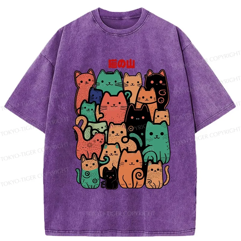 Tokyo-Tiger Funny Cat Mountain Washed T-Shirt