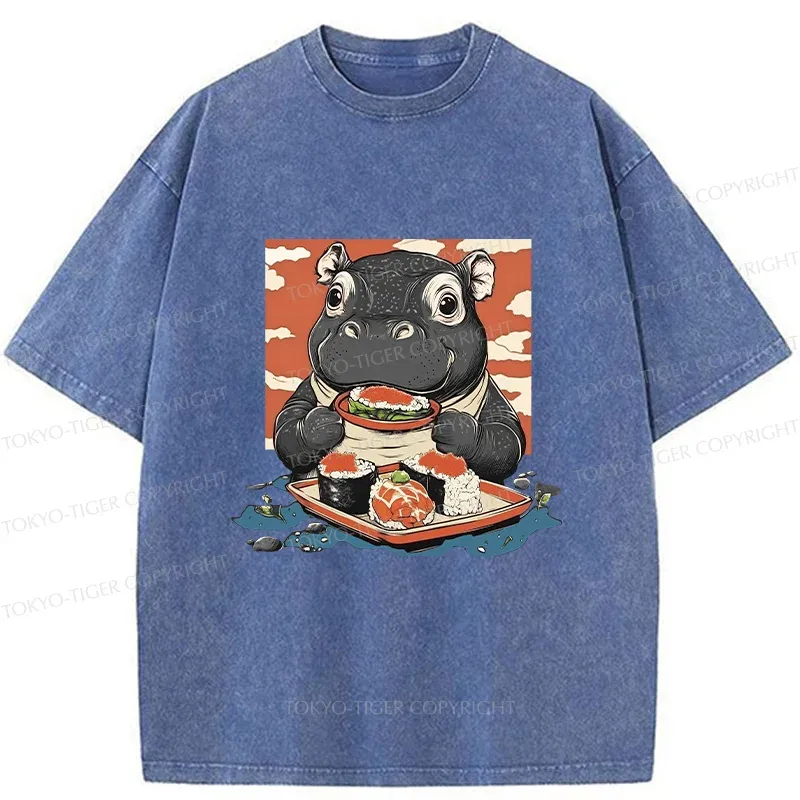 Tokyo-Tiger Moo Deng Eat Sushi Washed T-Shirt