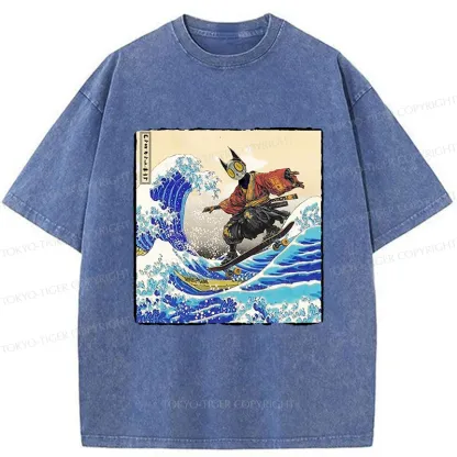 Tokyo-Tiger Surfing Machine Cat Washed T-Shirt