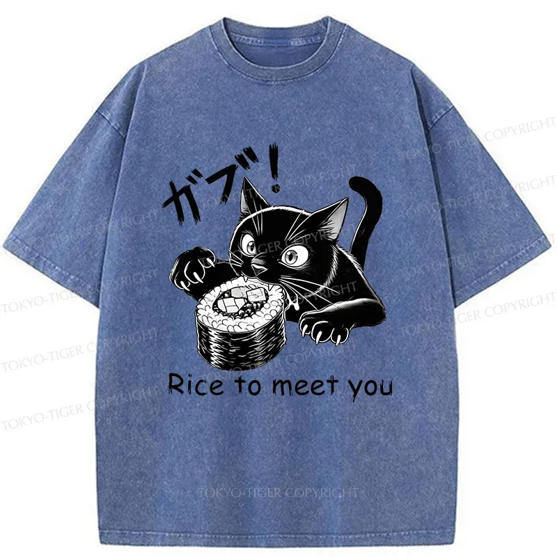 Tokyo-Tiger Fierce Cat Eating Sushi Washed T-Shirt