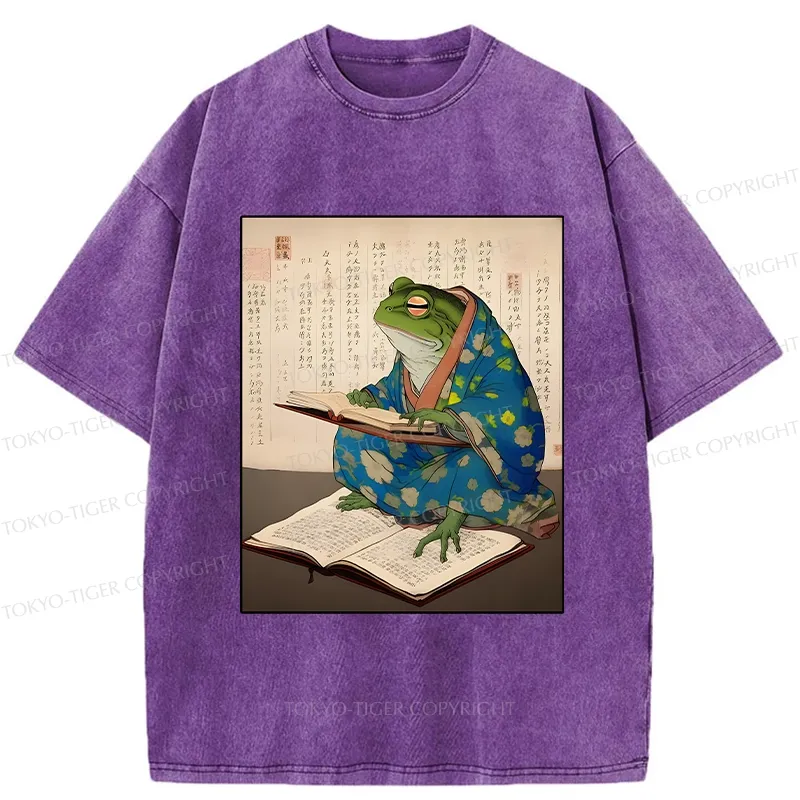 Tokyo-Tiger Frog Reading Japanese Washed T-Shirt