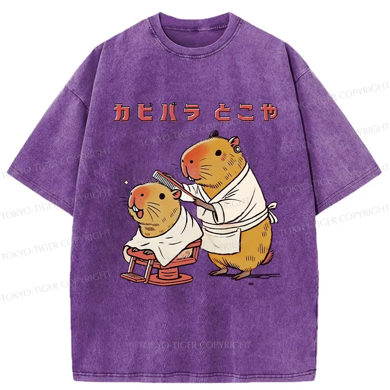 Tokyo-Tiger Funny Capybara Barber Washed T-Shirt