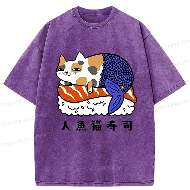 Tokyo-Tiger Mermaid Cat Sushi Washed T-Shirt