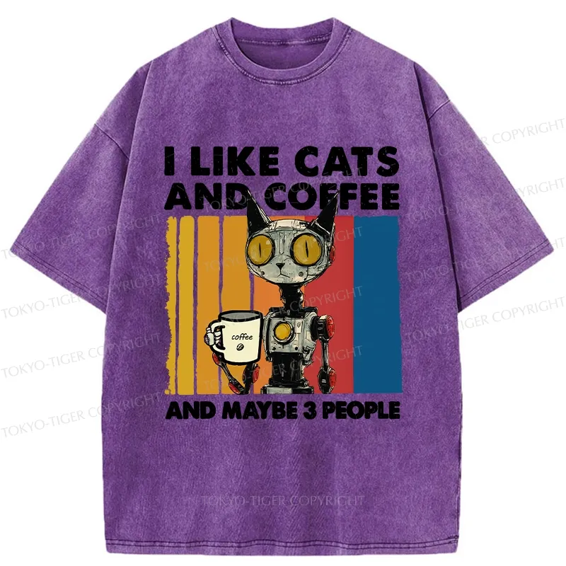 Tokyo-Tiger I Like Robot Cats And Coffee Washed T-Shirt