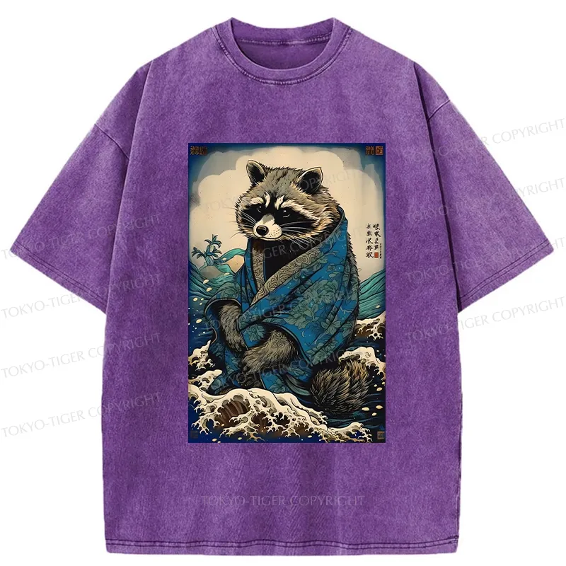 Tokyo-Tiger Raccoon And Waves Washed T-Shirt