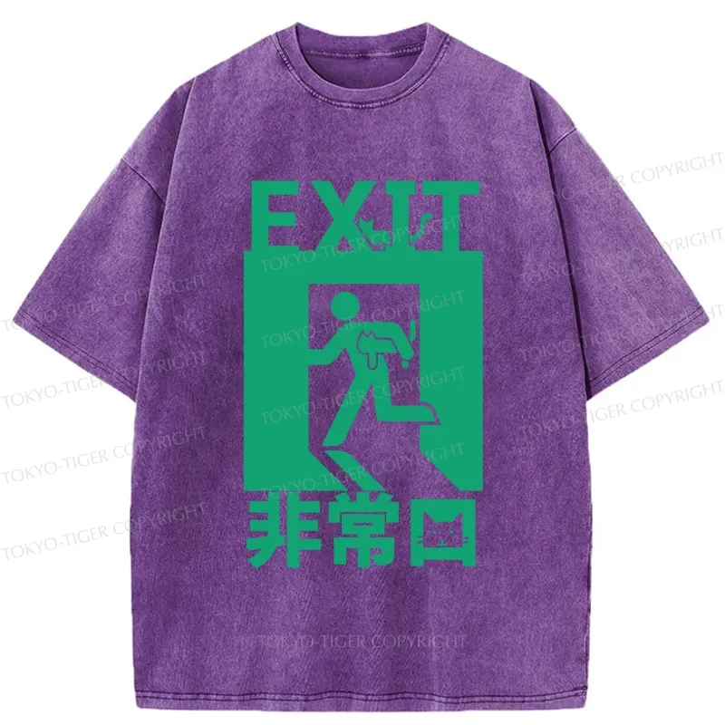 Tokyo-Tiger Funny Cat Exit Washed T-Shirt