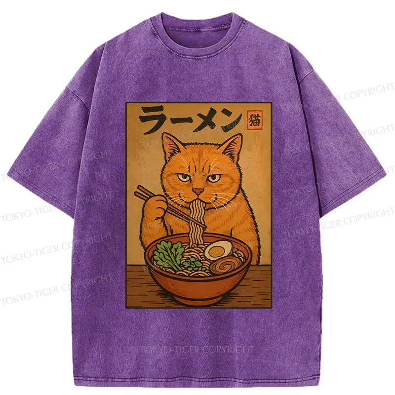 Tokyo-Tiger Ramen Obsessed Cute Cat Washed T-Shirt