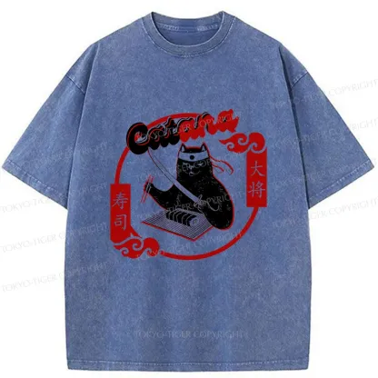 Tokyo-Tiger Cat Sushi Chef Washed T-Shirt