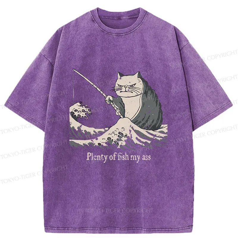 Tokyo-Tiger Kitten Fishing Funny Washed T-Shirt