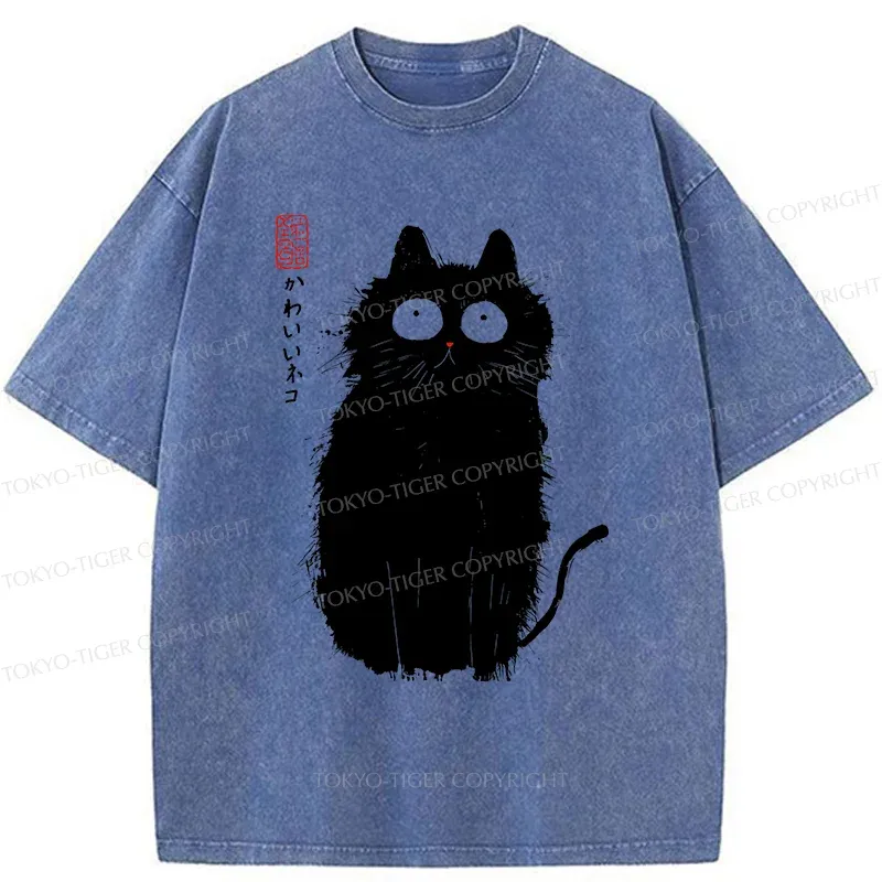 Tokyo-Tiger Black Cat With Puffed-up Fur Washed T-Shirt