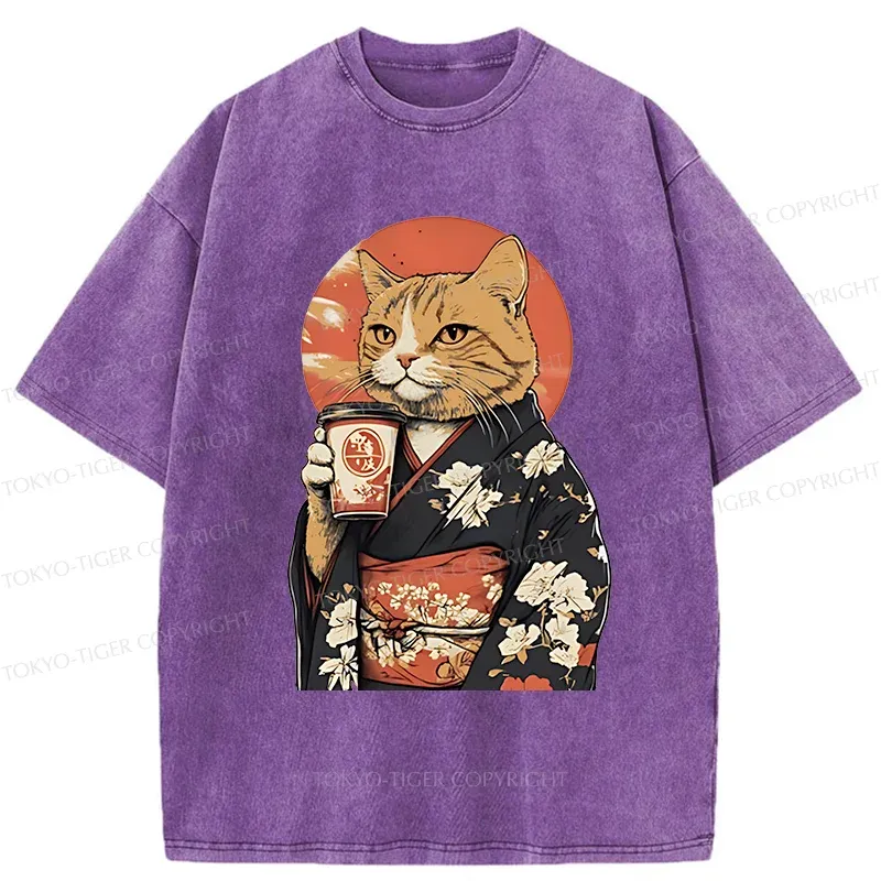 Tokyo-Tiger Cat Drinking Coffee Washed T-Shirt