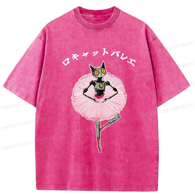 Tokyo-Tiger Ballet Dancing Robot Cat Washed T-Shirt