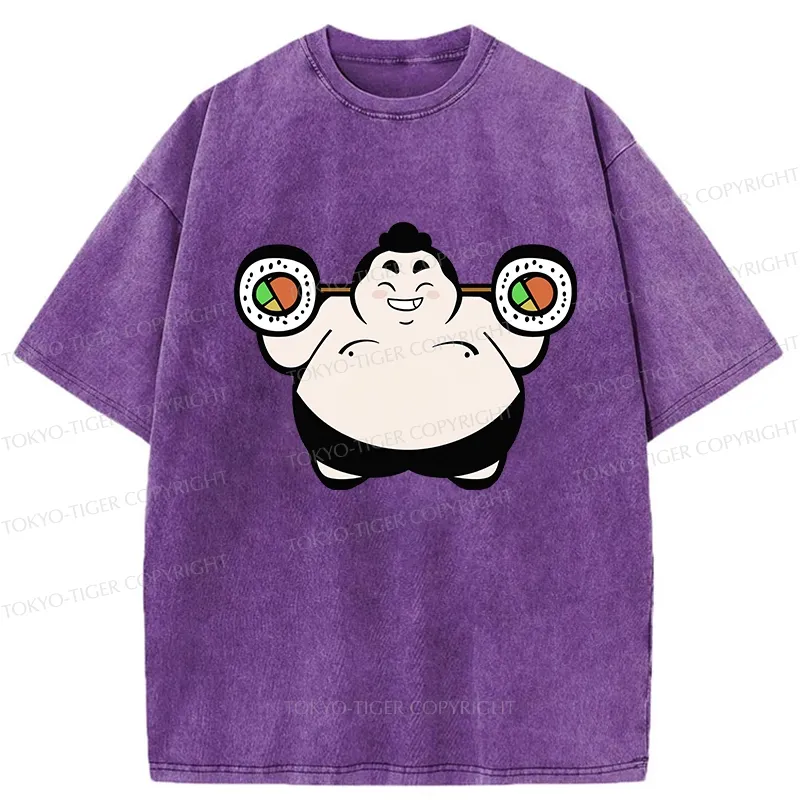 Tokyo-Tiger Funny Sumo Wrestler Lifting Sushi Barbell Washed T-Shirt