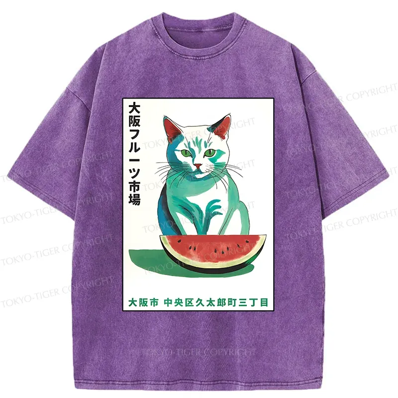 Tokyo-Tiger Cat And Watermelon Washed T-Shirt