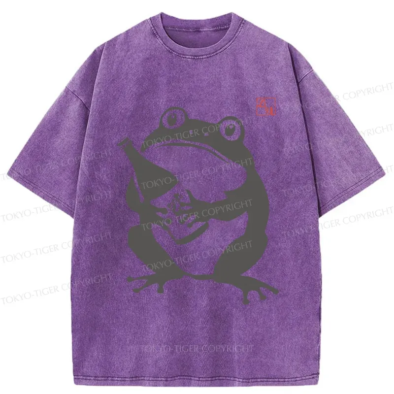 Tokyo-Tiger Retro Frog Holding Wine Washed T-Shirt