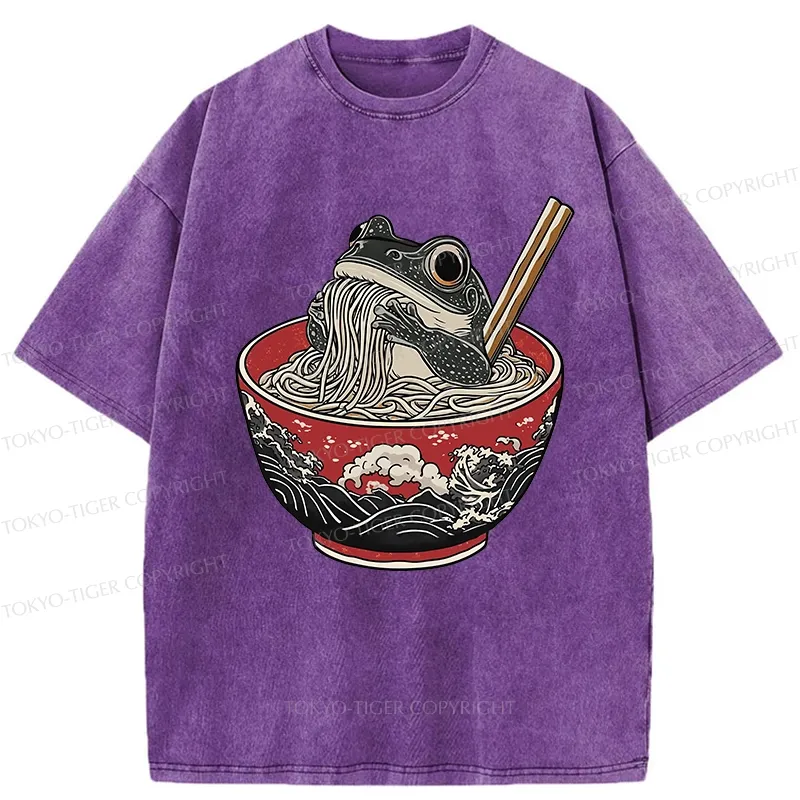 Tokyo-Tiger Funny Frog Eating Ramen In A Bowl Washed T-Shirt