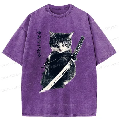 Tokyo-Tiger Retro Samurai Cat Japanese Washed T-Shirt