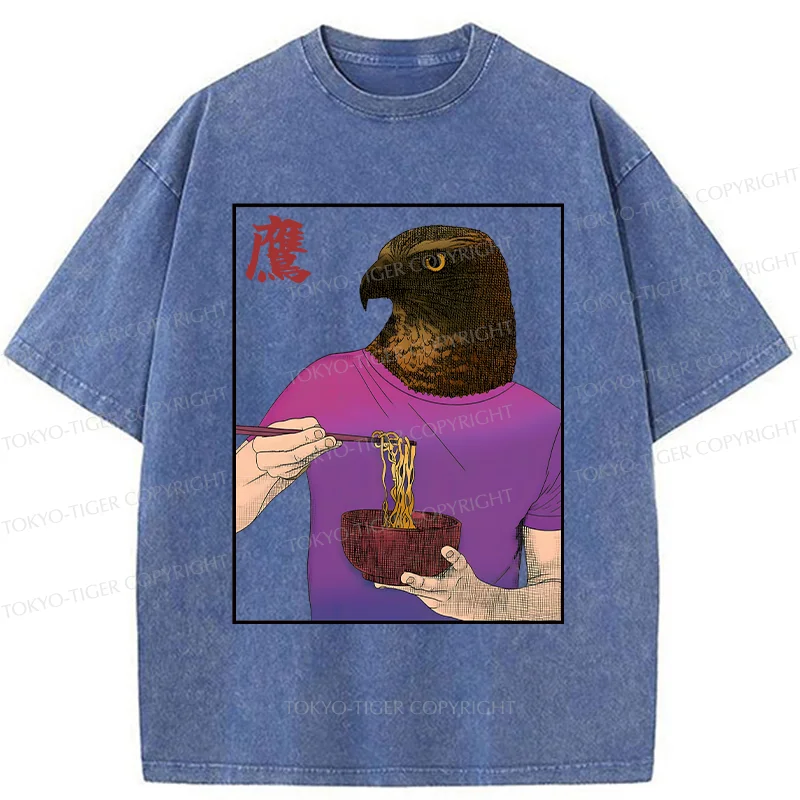 Tokyo-Tiger Eagle Eating Ramen Washed T-Shirt