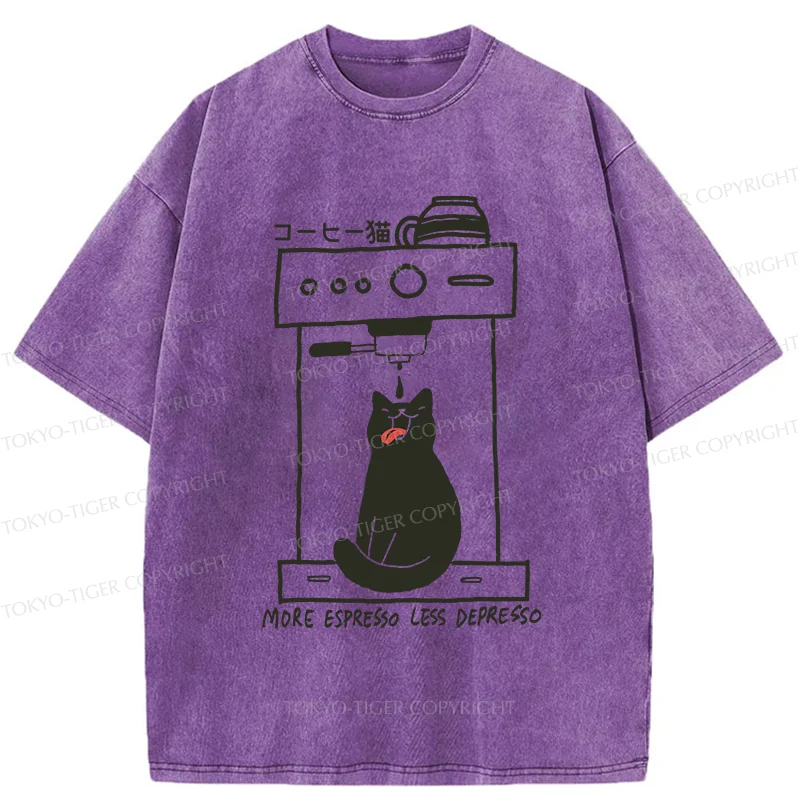Tokyo-Tiger Cat Drinking Coffee Washed T-Shirt