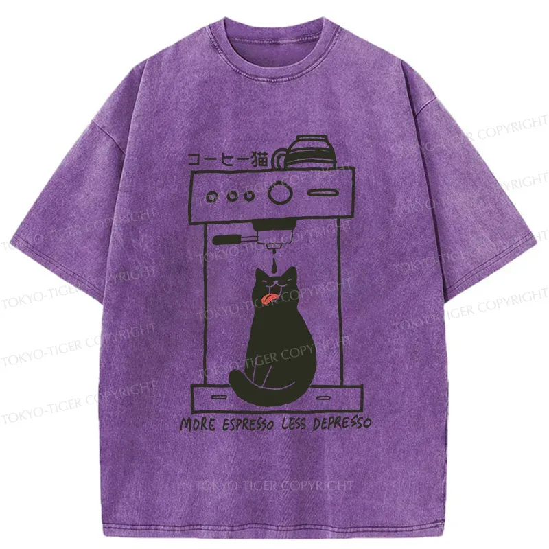 Tokyo-Tiger Cat Drinking Coffee Washed T-Shirt