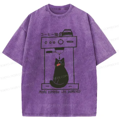 Tokyo-Tiger Cat Drinking Coffee Washed T-Shirt