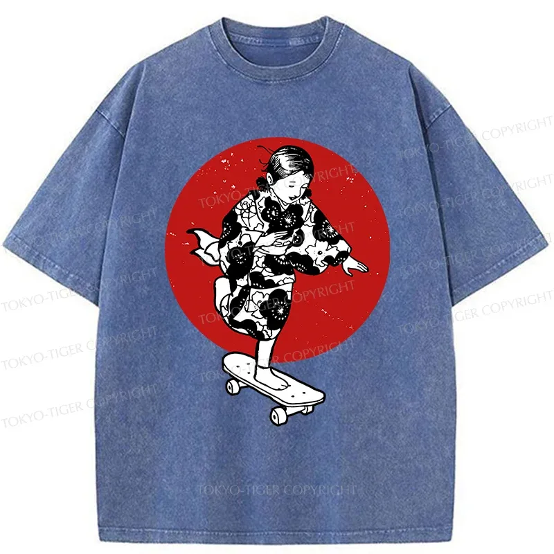 Tokyo-Tiger Kid On Skateboard Washed T-Shirt