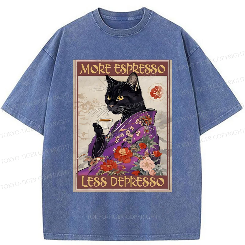 Tokyo-Tiger Japanese Cat Drinking Coffee Washed T-Shirt