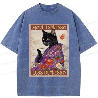 Tokyo-Tiger Japanese Cat Drinking Coffee Washed T-Shirt