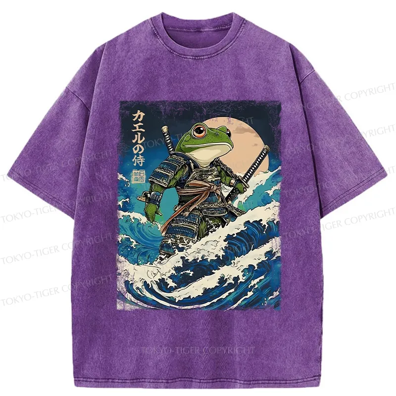 Tokyo-Tiger Frog Samurai In The Great Wave Washed T-Shirt
