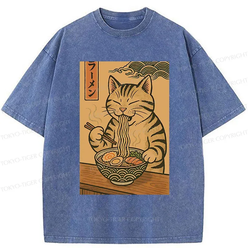 Tokyo-Tiger Retro Cat Eating Ramen Poster Washed T-Shirt