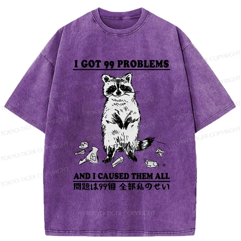 Tokyo-Tiger Funny Raccoon Causes 99 Problems Washed T-Shirt