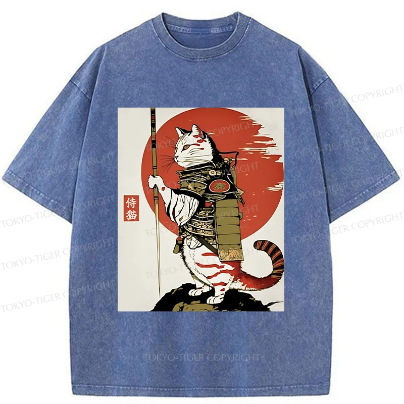 Tokyo-Tiger Samurai Cat Holding Sword Washed T-Shirt