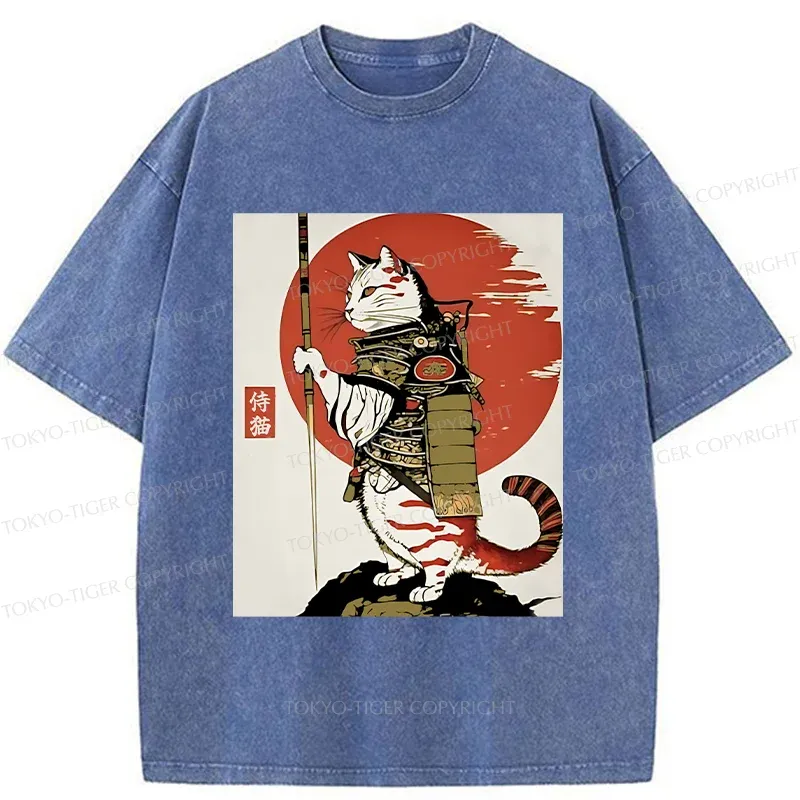 Tokyo-Tiger Samurai Cat Holding Sword Washed T-Shirt