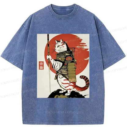 Tokyo-Tiger Samurai Cat Holding Sword Washed T-Shirt